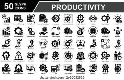 Coleção de Conjuntos de Ícones de Produtividade. Contendo Produtividade, Gerenciamento De Tempo, Automação, Foco, Desempenho, Gerenciamento De Equipe, Análise De Dados, Eficiência, Motivação. Ilustração de vetor de glifo simples.