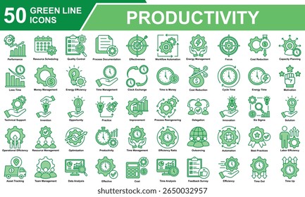 Coleção de Conjuntos de Ícones de Produtividade. Contendo Produtividade, Gerenciamento De Tempo, Automação, Foco, Desempenho, Gerenciamento De Equipe, Análise, Eficiência, Motivação. Ilustração Simples De Vetor De Linha Verde.