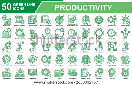 Productivity Icon Set Collection. Containing Productivity, Time Management, Automation, Focus, Performance, Team Management, Analysis, Efficiency, Motivation. Simple Green Line Vector Illustration.