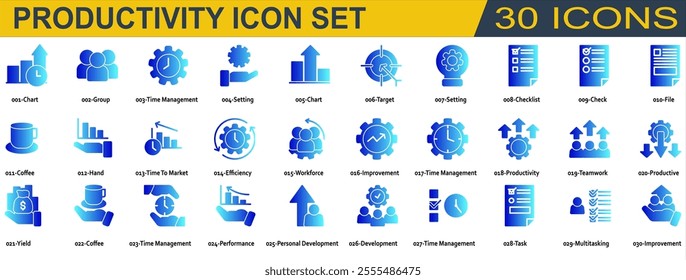 Productivity icon set. Containing Chart,Group,Time Management,Setting,Target,Checklist,File,Time to Market,Efficiency,Workforce,Improvement,Productivity,Teamwork,Productive,Yield,Performance. Solid