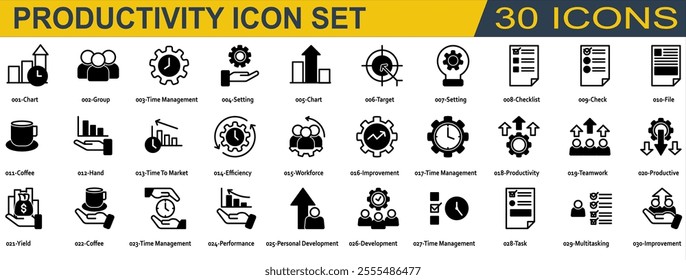 Productivity icon set. Containing Chart,Group,Time Management,Setting,Target,Checklist,File,Time to Market,Efficiency,Workforce,Improvement,Productivity,Teamwork,Productive,Yield,Performance. Mixed