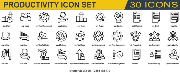 Productivity icon set. Containing Chart,Group,Time Management,Setting,Target,Checklist,File,Time to Market,Efficiency,Workforce,Improvement,Productivity,Teamwork,Productive,Yield,Performance, Line