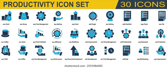 Productivity icon set. Containing Chart,Group,Time Management,Setting,Target,Checklist,File,Time to Market,Efficiency,Workforce,Improvement,Productivity,Teamwork,Productive,Yield,Performance, Duotone