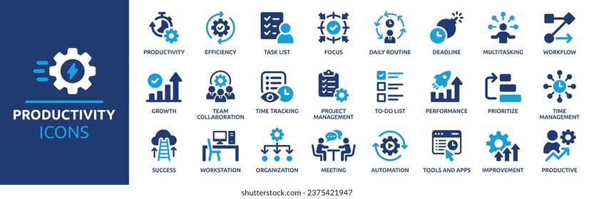 Productivity icon set. Containing efficiency, task, focus, multitasking, workflow, growth, routine, project management, automation and productive. Vector solid symbol collection.