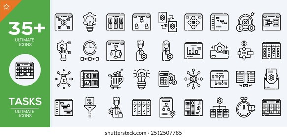 Productivity icon set. Containing efficiency, task, focus, multitasking, workflow, growth, routine, project management, automation and productive. Vector solid symbol collection.