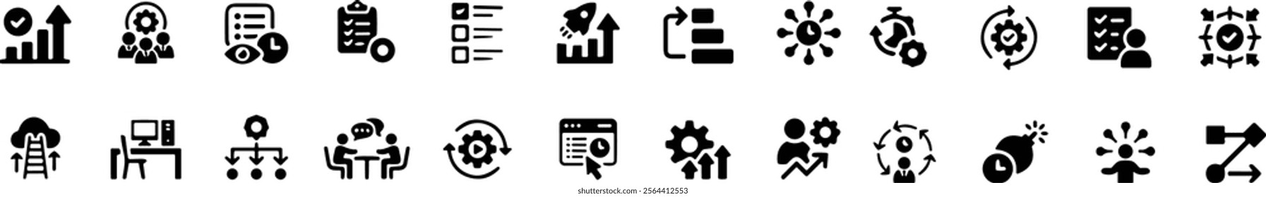 Productivity icon set. Containing efficiency, task, focus, multitasking, workflow, growth, routine, project management, automation and productive. Vector illustration