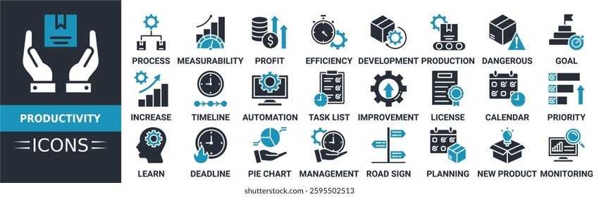 Productivity icon set. Containing efficiency, dangerous. production, development, process, increase, timeline and more. Solid vector icons collection