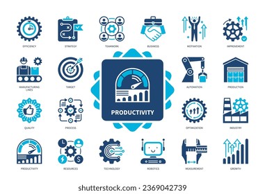 Productivity icon set. Efficiency, Strategy, Business, Technology, Growth, Automation, Manufacturing Quality, Improvement. Duotone color solid icons