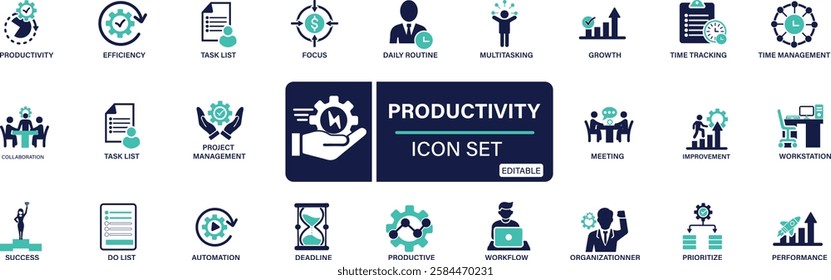 Productivity icon set. efficiency, task, focus, multitasking, workflow, growth, routine, project management, You can easily change the color