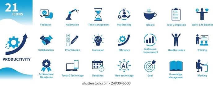 Productivity icon. Set of icons for work, business, office, efficiency, deadlines, automation. Solid vector icon