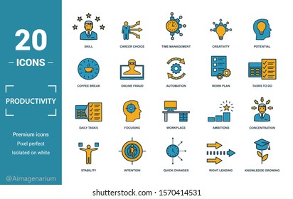 Productivity icon set. Include creative elements skill, time management, coffee break, work plan, daily tasks icons. Can be used for report, presentation, diagram, web design.