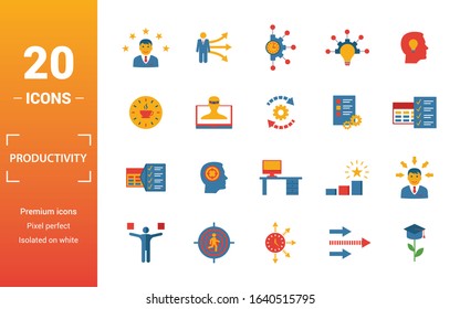 Productivity icon set. Include creative elements skill, time management, coffee break, work plan, daily tasks icons. Can be used for report, presentation, diagram, web design.