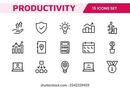 Productivity Icon Set. Modern and inspiring icons designed to enhance efficiency and organization, perfect for productivity apps, task management tools, and workflow solutions.