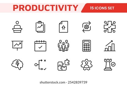Productivity Icon Set. Modern and inspiring icons designed to enhance efficiency and organization, perfect for productivity apps, task management tools, and workflow solutions.
