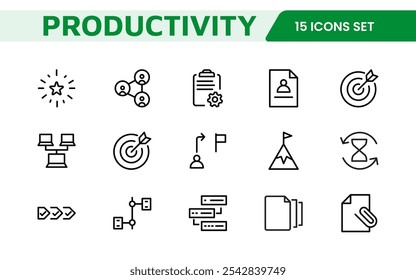 Productivity Icon Set. Modern and inspiring icons designed to enhance efficiency and organization, perfect for productivity apps, task management tools, and workflow solutions.