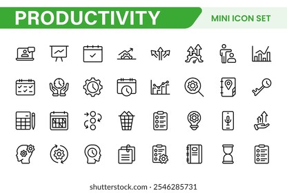 Productivity Icon Set. Modern and inspiring icons designed to enhance efficiency and organization, perfect for productivity apps, task management tools, and workflow solutions.