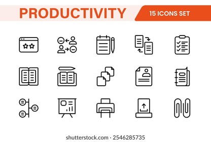 Productivity Icon Set. Modern and inspiring icons designed to enhance efficiency and organization, perfect for productivity apps, task management tools, and workflow solutions.