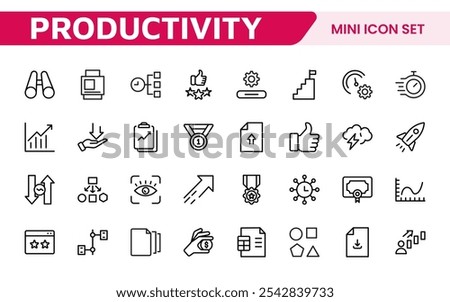 Productivity Icon Set. Modern and inspiring icons designed to enhance efficiency and organization, perfect for productivity apps, task management tools, and workflow solutions.