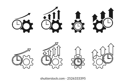 ícone de produtividade set vetor, roda de engrenagem cog com temporizador de relógio e seta para cima. ilustração vetorial isolado no fundo branco.