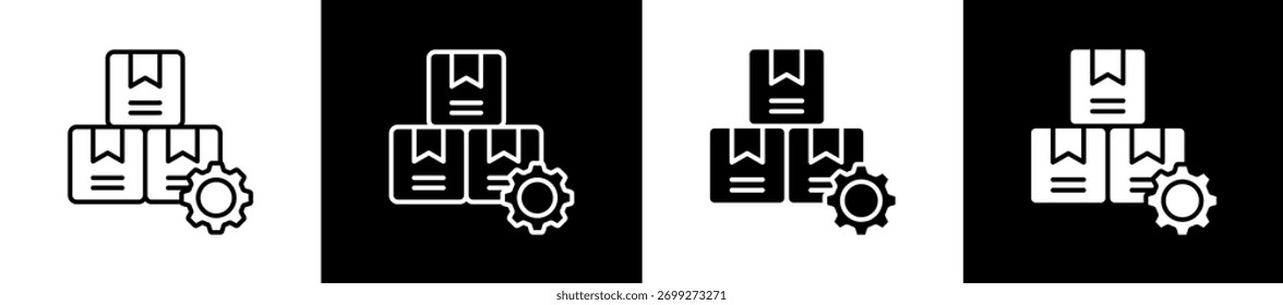Variaciones del icono de productividad en estilo de línea y glifo sobre fondo blanco y negro