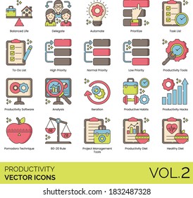 Productivity icons including balanced life, delegate, automate, prioritize, to-do list, priority, software, iteration, productive habit, hack, pomodoro technique, 80-20 rule, project management, diet.