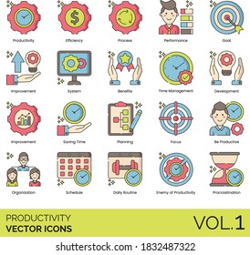 Productivity icons including efficiency, process, goal, improvement, system, benefit, management, development, saving time, planning, focus, organization, schedule, daily routine, procrastination.