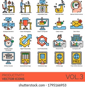 Productivity icons including workplace exercise, standing, adjustable desk, mental performance, multiple monitor, clean computer, zero inbox, healthy sleep schedule, high, low, personal KPI, company.