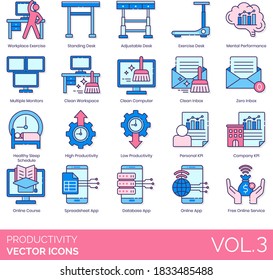 Productivity icons including workplace exercise, adjustable desk, multiple monitor, clean workspace, computer, zero inbox, personal KPI, company, online course, spreadsheet app, database, free service