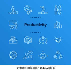 Productivity icons. Line icons collection on white background. Goal, victory, working hours. Management concept. Vector illustration can be used for topics like business, career, teamwork