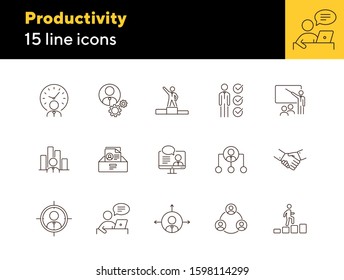 Productivity icons. Line icons collection on white background. Goal, victory, working hours. Management concept. Vector illustration can be used for topics like business, career, teamwork