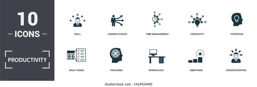 Productivity icons set collection. Includes simple elements such as Work Plan, Tasks To Do, Daily Tasks, Focusing, Workplace, Knowledge Growing and premium icons.