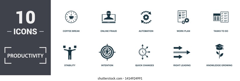 Productivity icons set collection. Includes simple elements such as Potential, Coffee Break, Online Fraud, Automation, Work Plan, Stability and Intention premium icons.