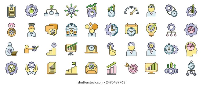 Productivity icons set outline vector. Increase production. Work quality thin line color flat on white