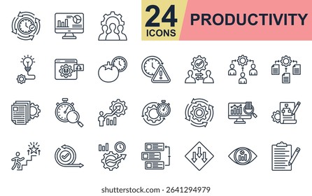 Productivity Icons set vector illustration. Containing team management, technique, efficiency, automation, routine and more. Simple line icons collection.