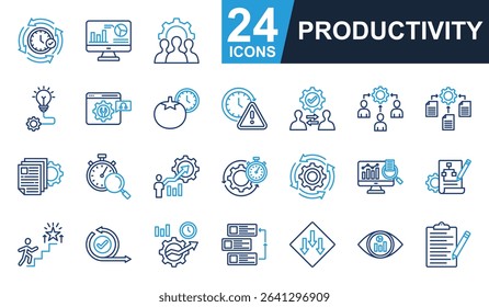Productivity Icons set vector illustration. Containing team management, technique, efficiency, automation, routine and more. Simple line color icons collection.