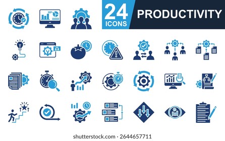 Productivity Icons set vector illustration. Containing team management, technique, efficiency, automation, routine and more. Simple solid icons collection.