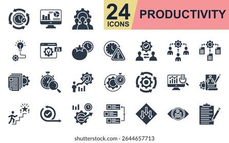 Productivity Icons set vector illustration. Containing team management, technique, efficiency, automation, routine and more. Simple glyph icons collection.