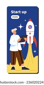 Productivity improvement boosting concept. Businessman with remote controller from rocket. Start up and business project. Cartoon flat vector illustration isolated on white background