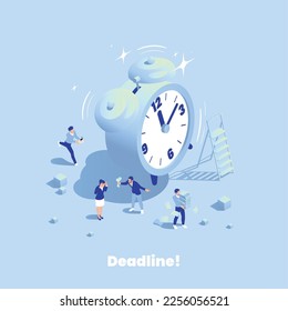 Productivity improvement boosting isometric composition of text and alarm clock image with characters of business coworkers vector illustration