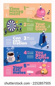 Productivity improvement boosting isometric infographics with tips for time management concentration on goals coffee and estimates vector illustration