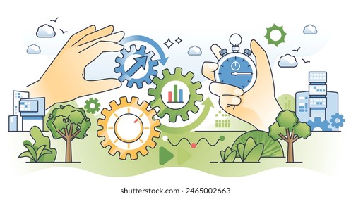 Mejora de la productividad para la alta eficiencia del trabajo delinean el concepto de manos. Gestión productiva del trabajo con optimización precisa del tiempo y Ilustración vectorial de análisis de procesos. Control de fabricación magra.