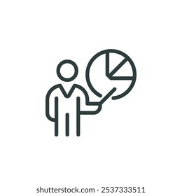 Productivity indicator, business presentation, training, outline icon. Line sign man teacher or speaker near diagram. Vector isolated pictogram for web and app on white background editable stroke.