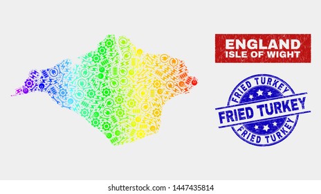 Productivity Isle of Wight map and blue Fried Turkey textured seal. Rainbow colored gradiented vector Isle of Wight map mosaic of industrial items. Blue round Fried Turkey seal.
