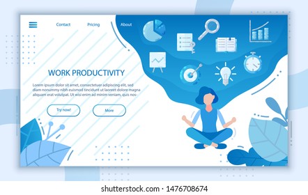 Productivity landing page. For banner business app. Management business vector flat style website for finance, strategy, marketing, banking, Motivation, Productivity poster template. Woman meditation