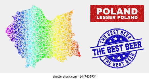 Productivity Lesser Poland Voivodeship map and blue The Best Beer scratched seal stamp. Spectrum gradiented vector Lesser Poland Voivodeship map mosaic of productivity components.