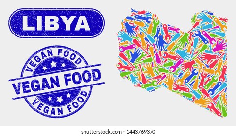 Productivity Libya map and blue Vegan Food textured seal stamp. Bright vector Libya map mosaic of production elements. Blue rounded Vegan Food seal.
