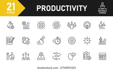 Productivity line icon set. Set of 21 outline icons related to productivity, efficiency, strategy, time management, organize, launch and others. Editable stroke. Vector illustration.