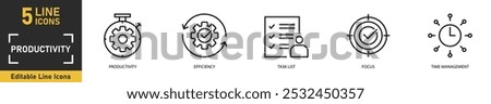Productivity line icon set. Set of 5 outline icons related to productivity, efficiency, task list, focus, time management and more. Vector illustration.