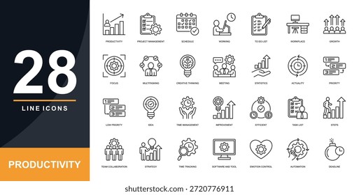 Línea de productividad Icon set. Contenido Productividad, Gestión de proyectos, Trabajo, Lugar de trabajo, Crecimiento, Multitarea