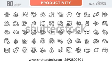Productivity line icon set. Containing development, improvement, process, setting, setup, workflow, gear, streamlining, lean processes, time vector outline icons. Pixel-perfect editable stroke